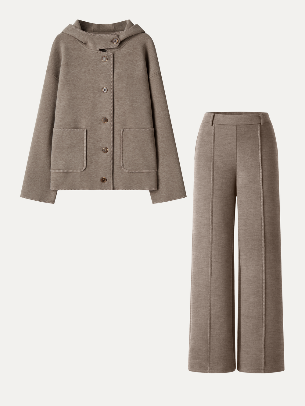 2Pcs Set Hooded Long Sleeve Jacket with Pockets & Mid-Rise Wide-Leg Pants with Pockets — women's women > bundles&sets > bundles, back view
