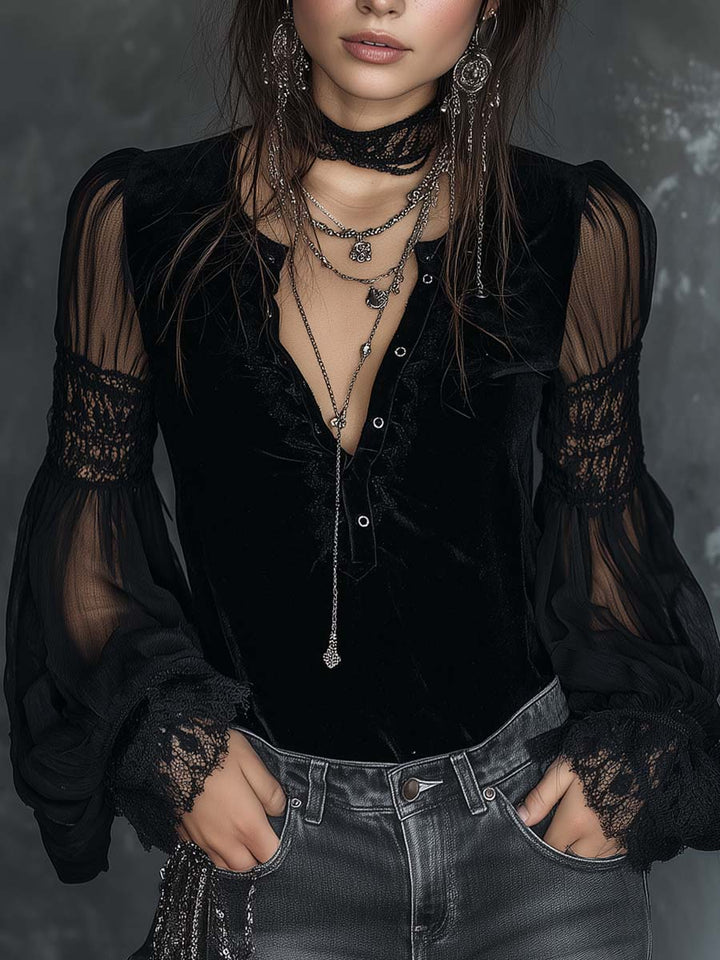 Vintage Henley Collar Sheer Sleeves Lace Trim Polyester Velvet Blouse | Harry & Kate London