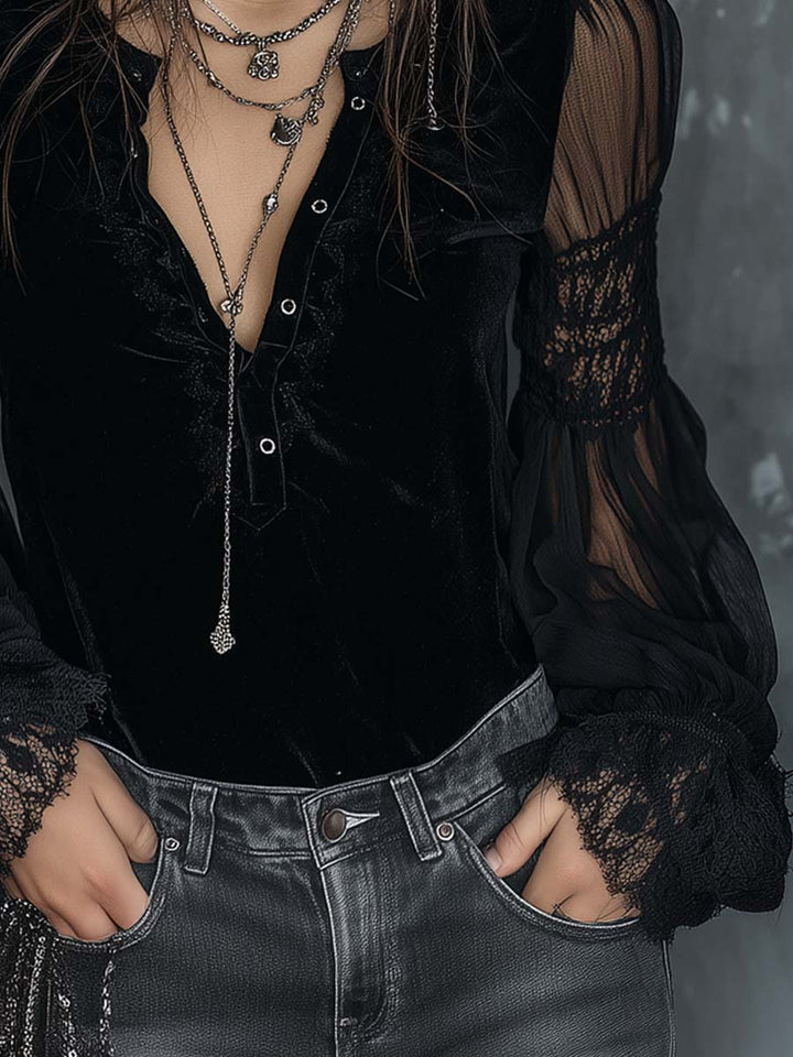Vintage Henley Collar Sheer Sleeves Lace Trim Polyester Velvet Blouse | Harry & Kate London