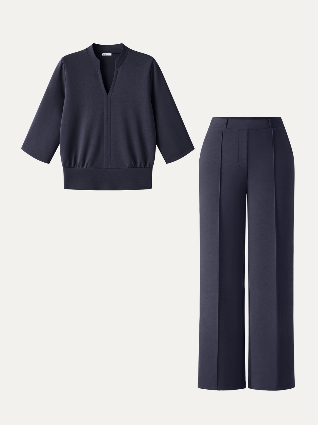 2Pcs Set V-Neck Elbow Sleeve Top & Mid Rise Straight Leg Pants with Pockets