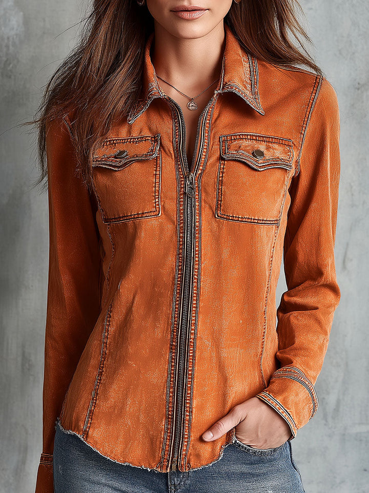 Vintage Burnt Orange Utility Zip Denim Jacket | Harry & Kate London