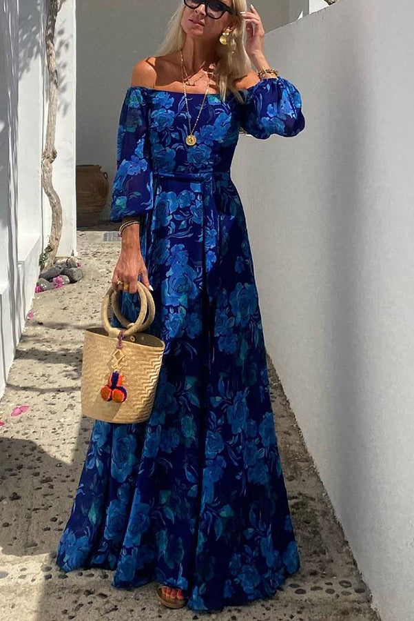 Francesca - Long dress with floral print and off-the-shoulder sleeves — front view