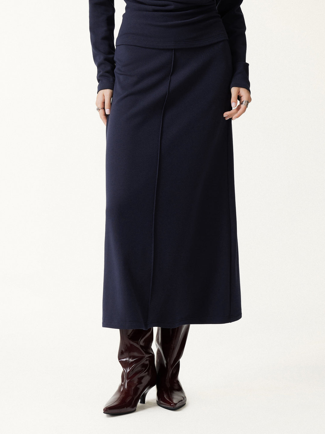 2Pcs Set Prowarm Mock Neck Long Sleeve Top & Mid-Rise A-Line Midi Skirt
