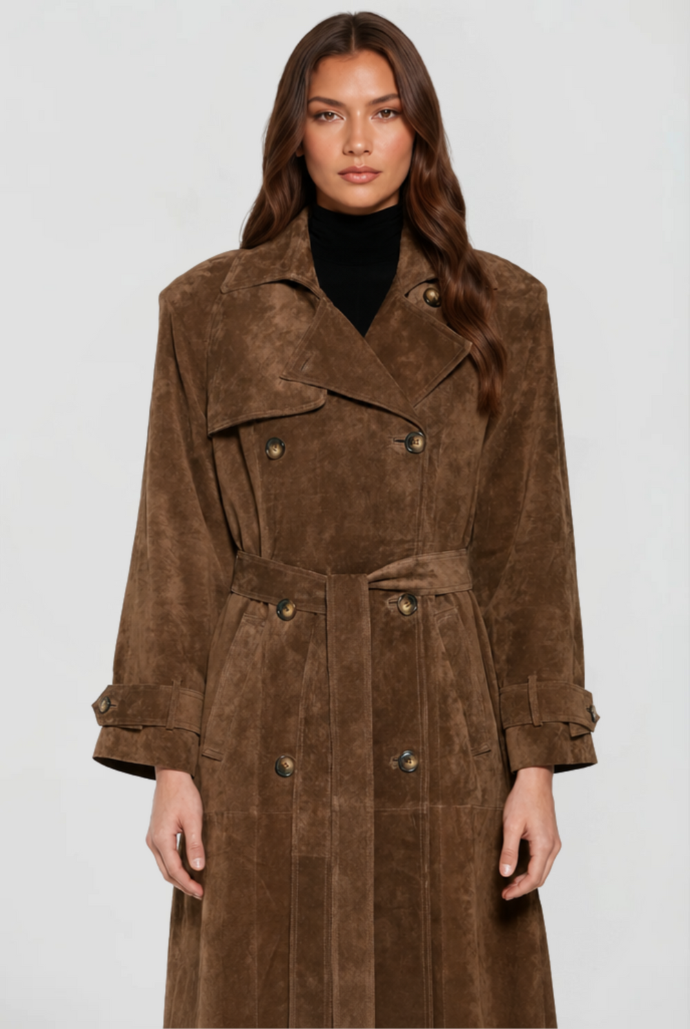 Brown suede double breasted trench coat with wide lapels and tie belt, close front view