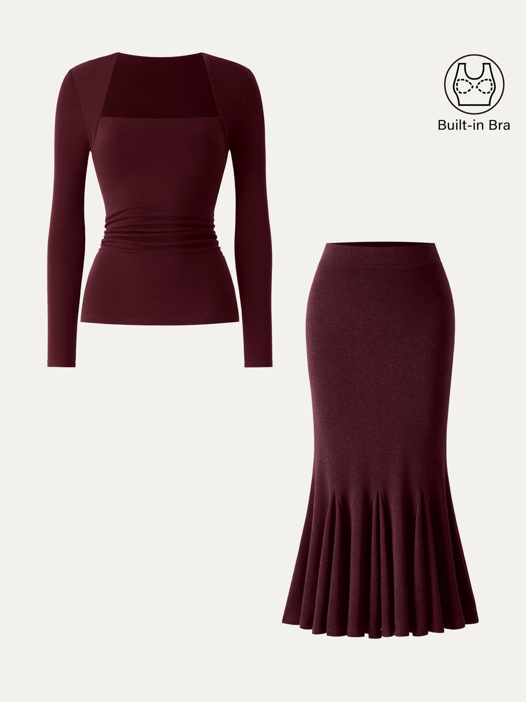 2Pcs Set ProWarm Trapeze Neck Ruched Built-In Bra Top 2.0 & High-Rise Mermaid Midi Skirt