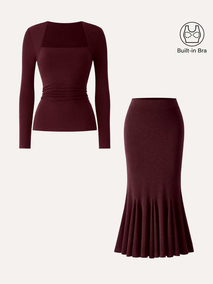 2Pcs Set ProWarm Trapeze Neck Ruched Built-In Bra Top 2.0 & High-Rise Mermaid Midi Skirt