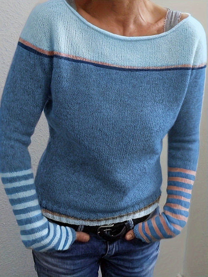 Isolde | Women's Colorblock Boat Neck Sweater with Striped Cuffs