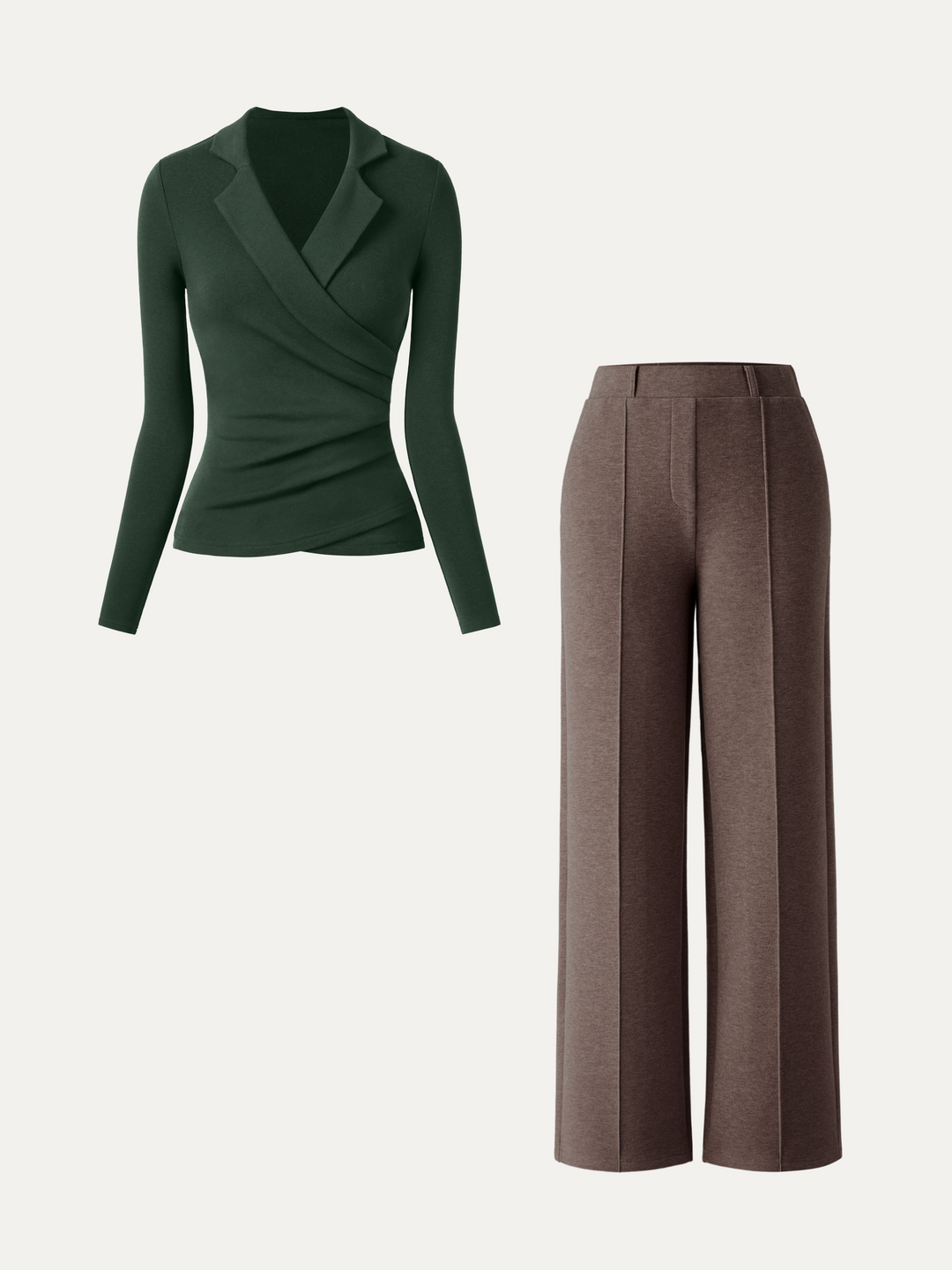2Pcs Set Collared Surplice Top & High Waisted Straight Leg Pull On Pant