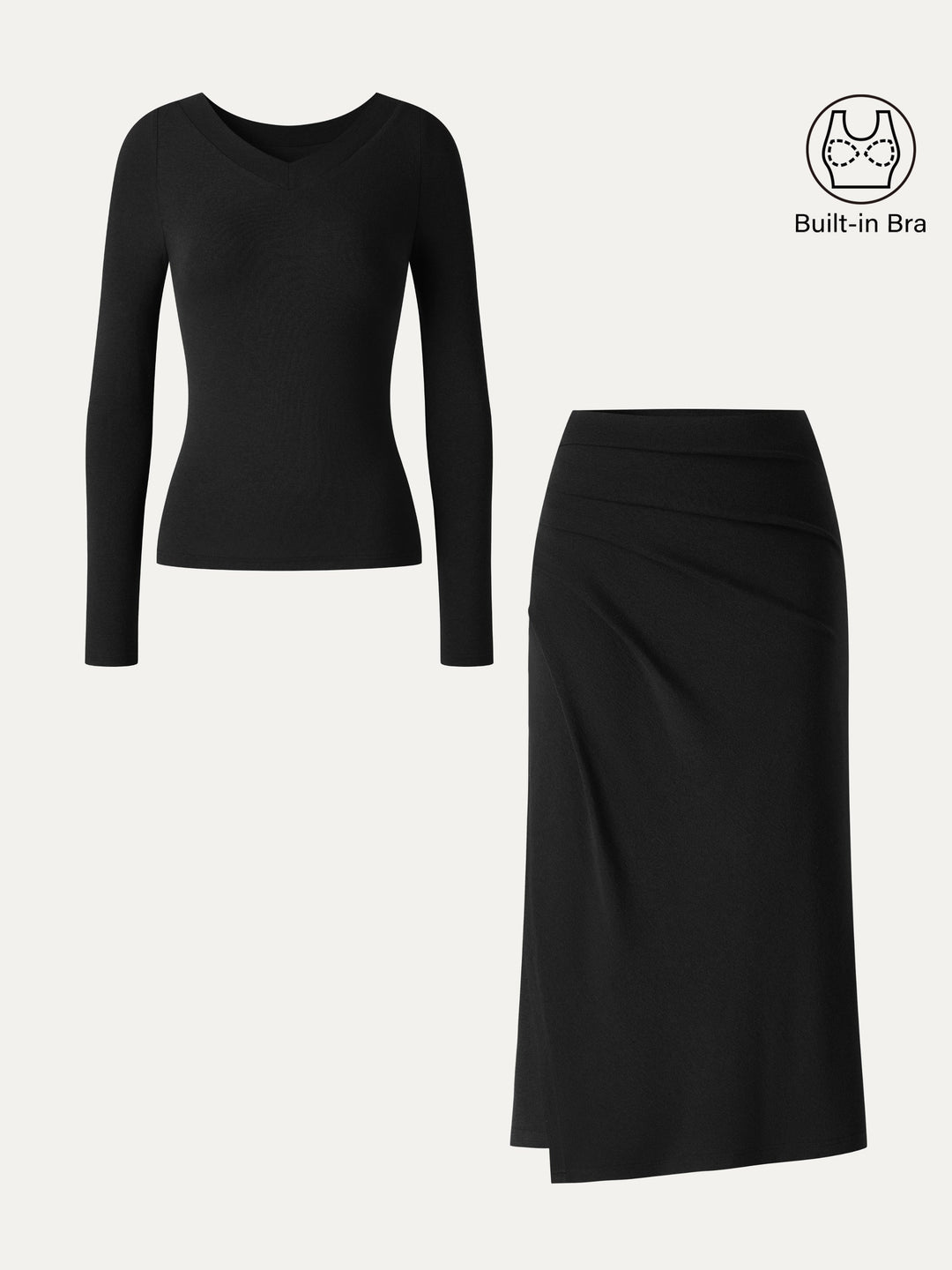 2Pcs Set LiteWarm V-Neck Long Sleeve Built-In Bra Top 3.0 & High-Rise Side-Tuck A-Line Midi Skirt