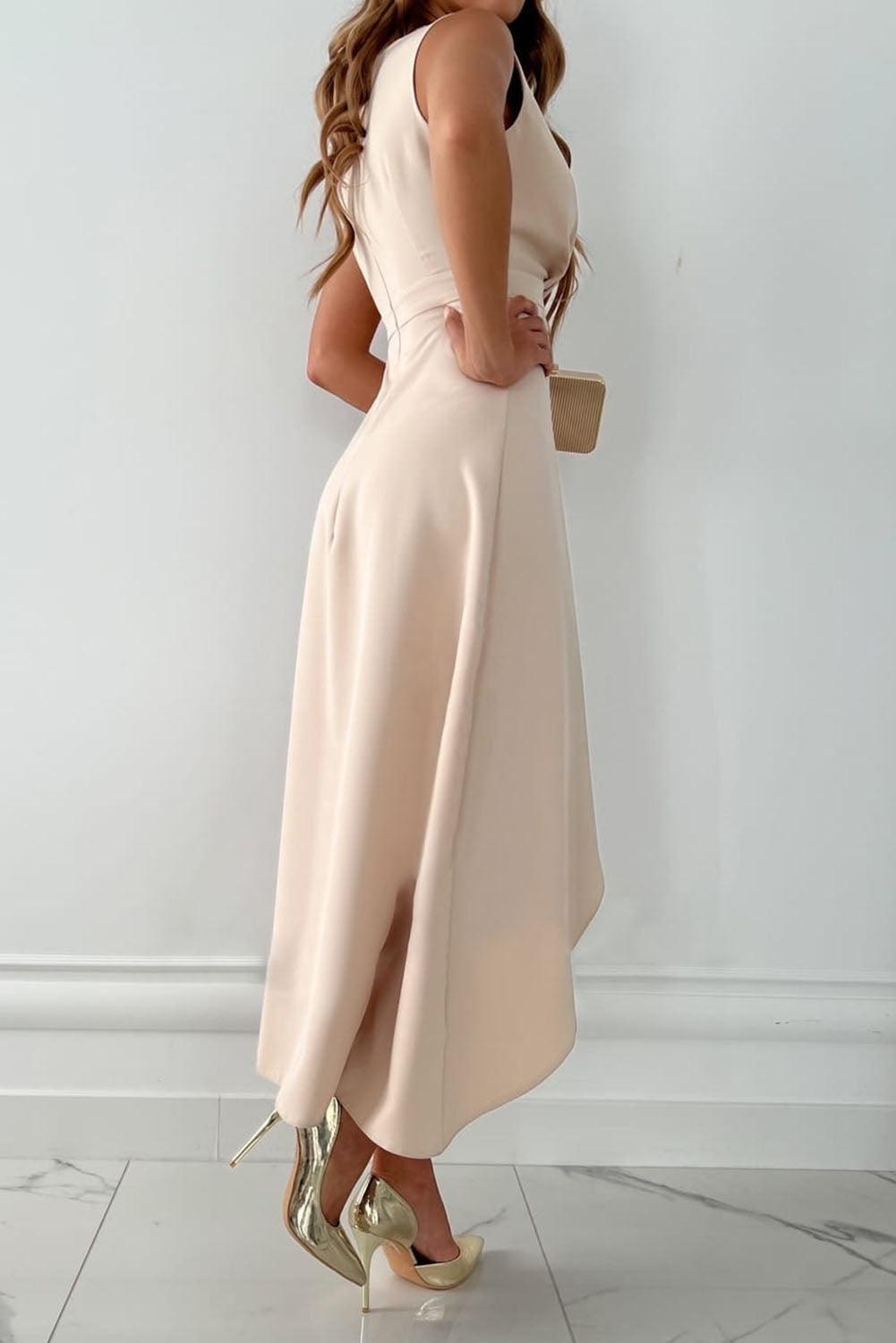 Mandy - Chic Wrap V-Neck Midi Dress Apricot — side view