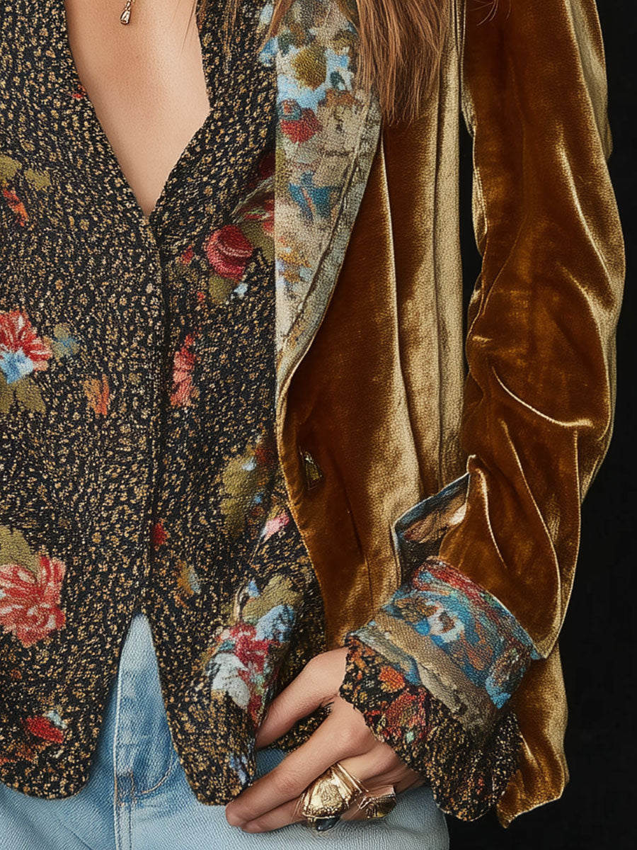 Vintage Lapel Polyester Velvet Floral Print Patchwork Blazer | Harry & Kate London