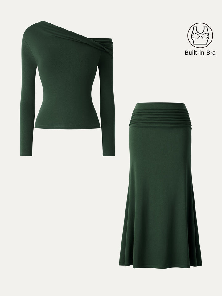 2Pcs Set Prowarm Neck  Built-In Bra Top 3.0 & Mid-Rise Ruched Flared Midi Skirt