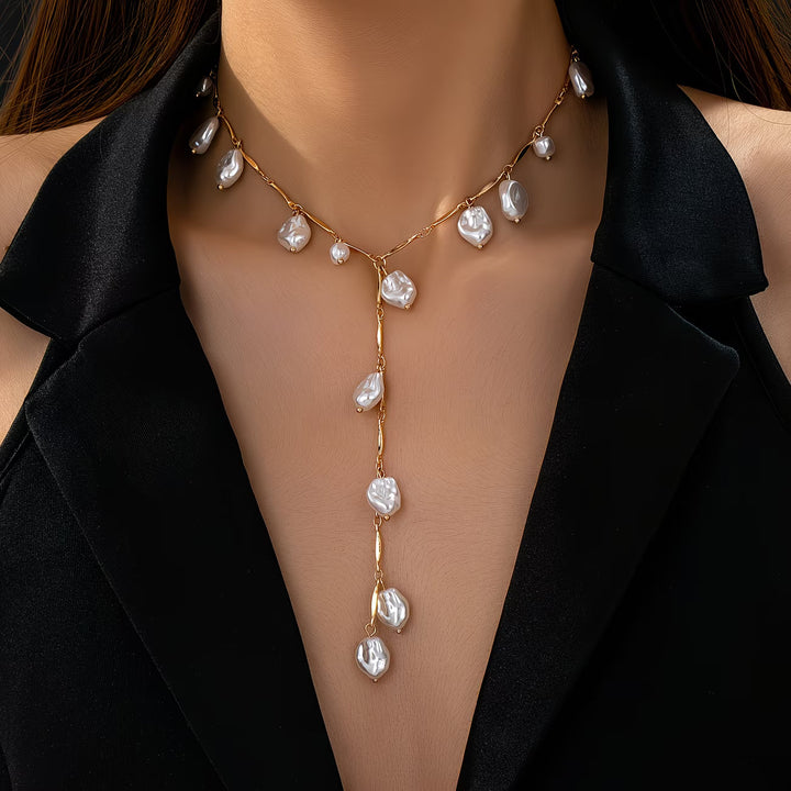 Pearl waterfall necklace laid flat showing the cascading strands