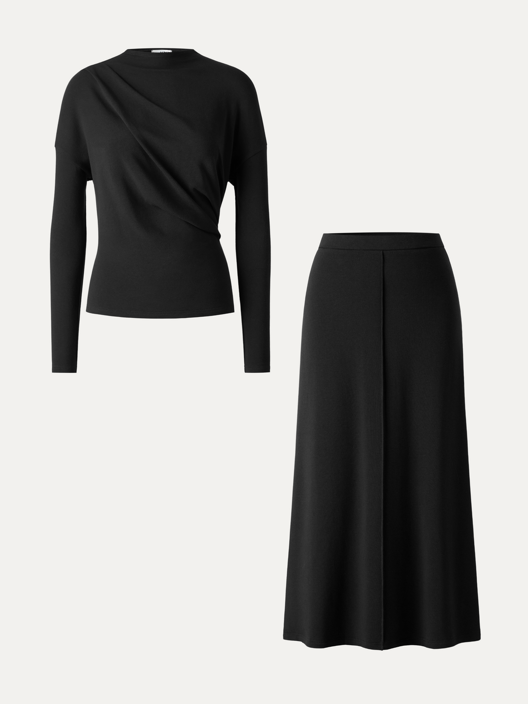 2Pcs Set Prowarm Mock Neck Long Sleeve Top & Mid-Rise A-Line Midi Skirt