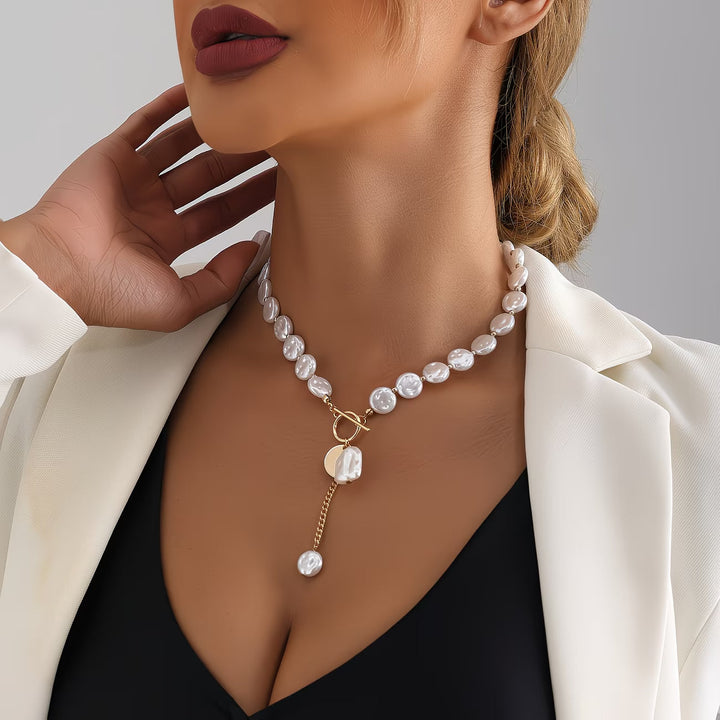 Baroque pearl toggle necklace photographed from a different angle
