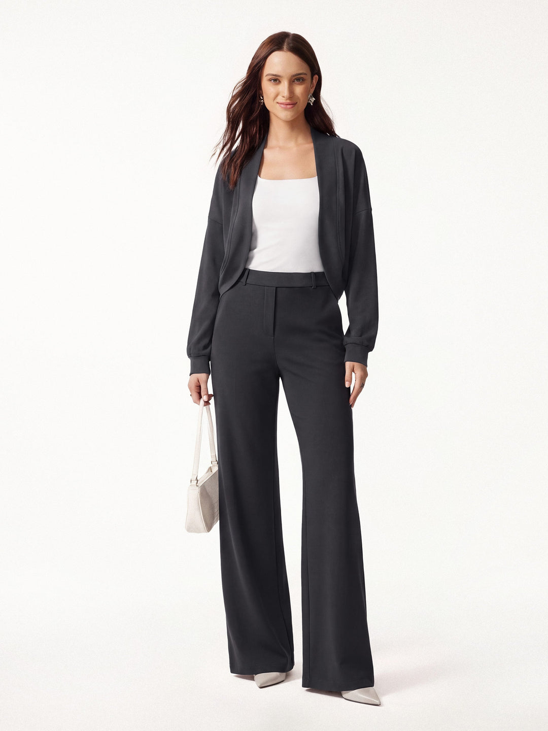 2Pcs Set Long Sleeve Shrug Cardigan & High-Rise Wide Leg Pants with Pockets — women's women > bundles&sets > bundles, front view