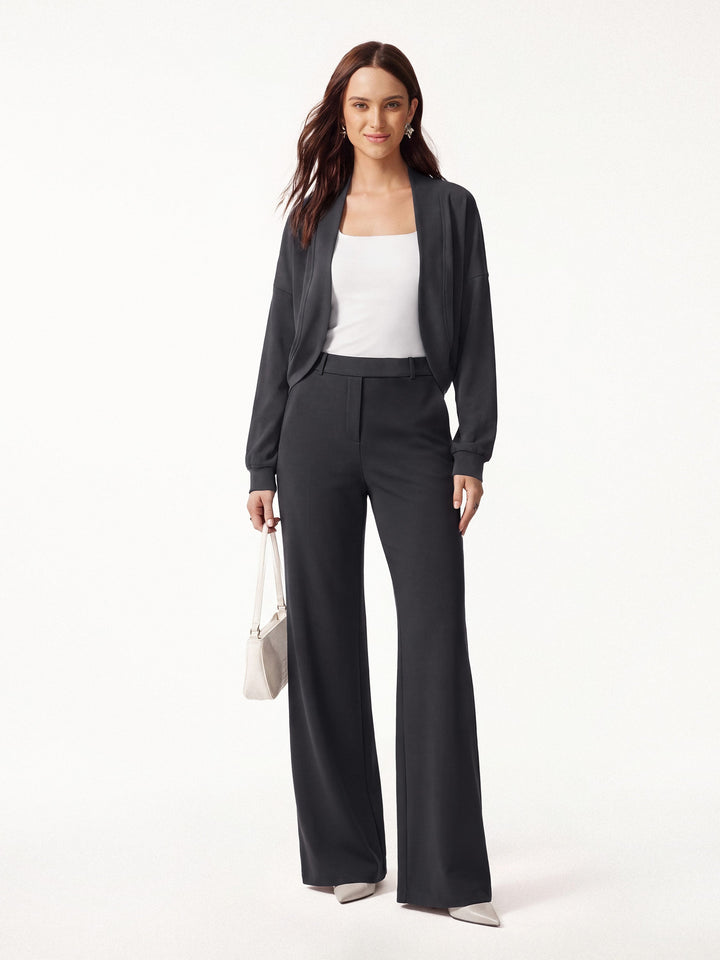 2Pcs Set Long Sleeve Shrug Cardigan & High-Rise Wide Leg Pants with Pockets