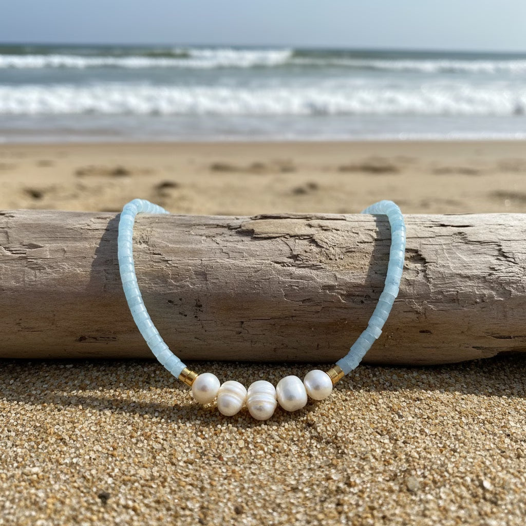 Close-up of the mixed aquamarine, turquoise and pearl beads