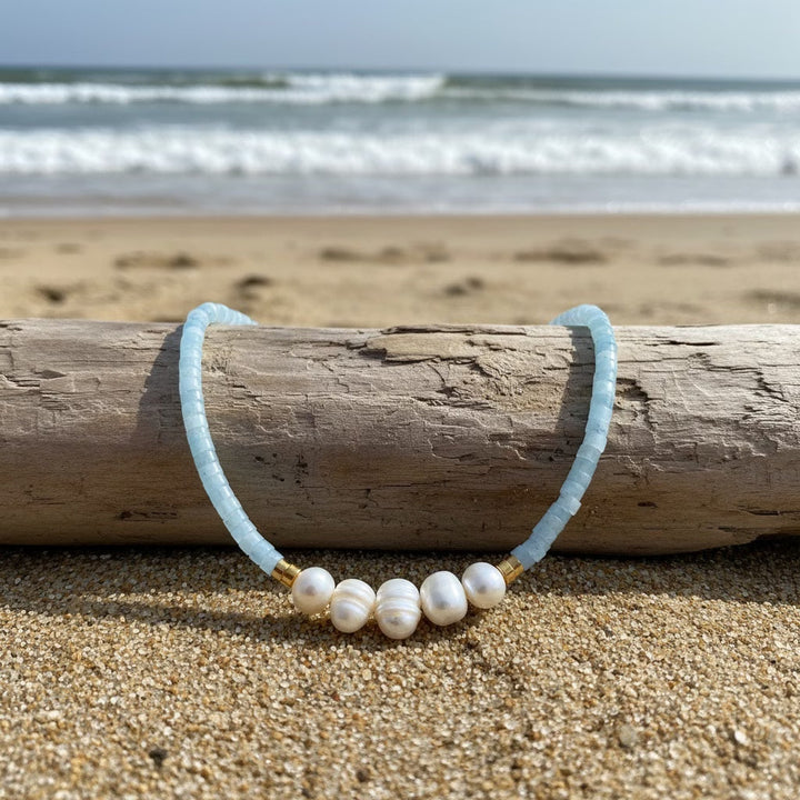 Close-up of the mixed aquamarine, turquoise and pearl beads
