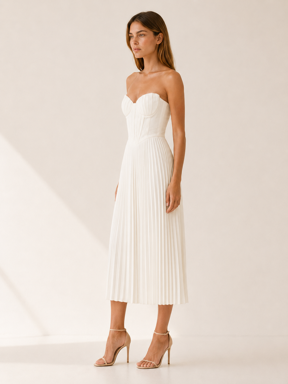 White Corset Midi Dress with Pleated Skirt – side view