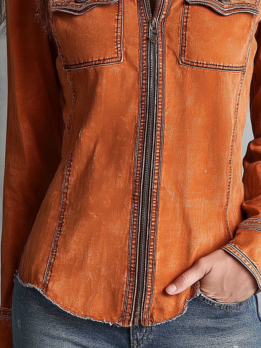 Vintage Burnt Orange Utility Zip Denim Jacket | Harry & Kate London
