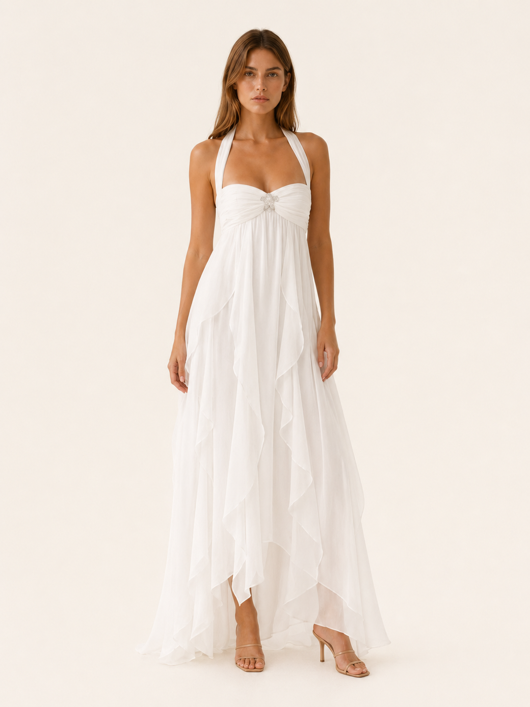 White Chiffon Maxi Dress with Open Back – front view