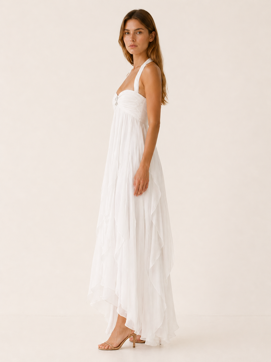 White Chiffon Maxi Dress with Open Back – side view