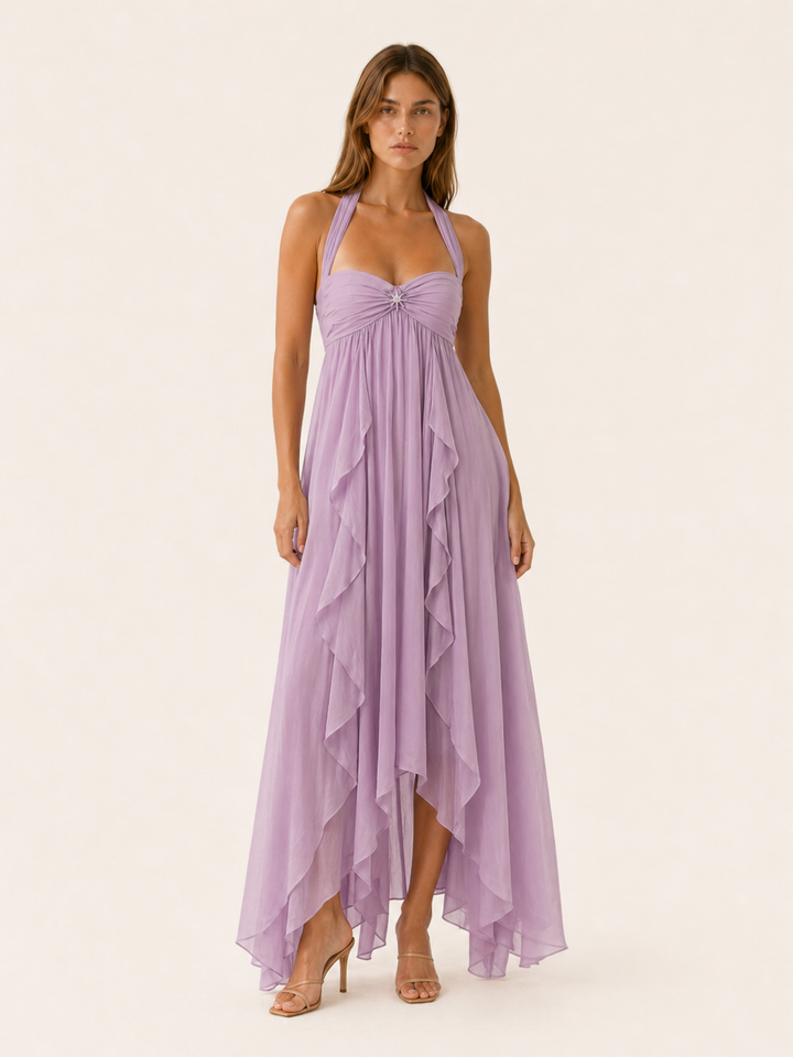 White Chiffon Maxi Dress with Open Back – detail view