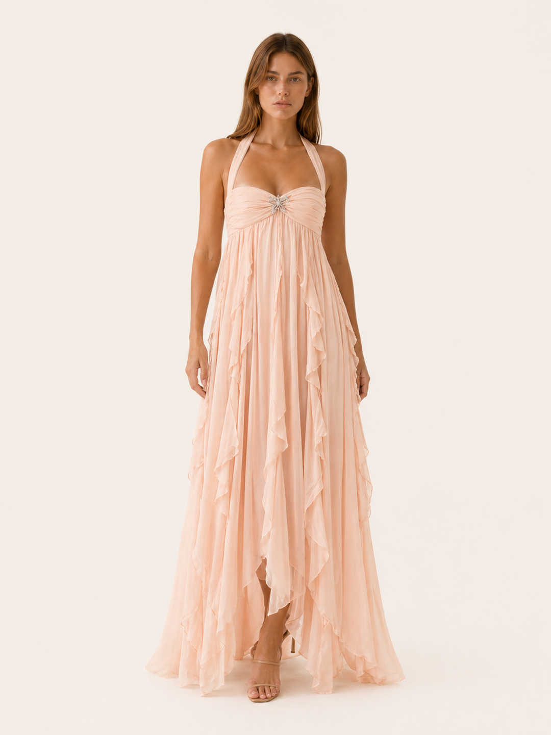 White Chiffon Maxi Dress with Open Back – close-up
