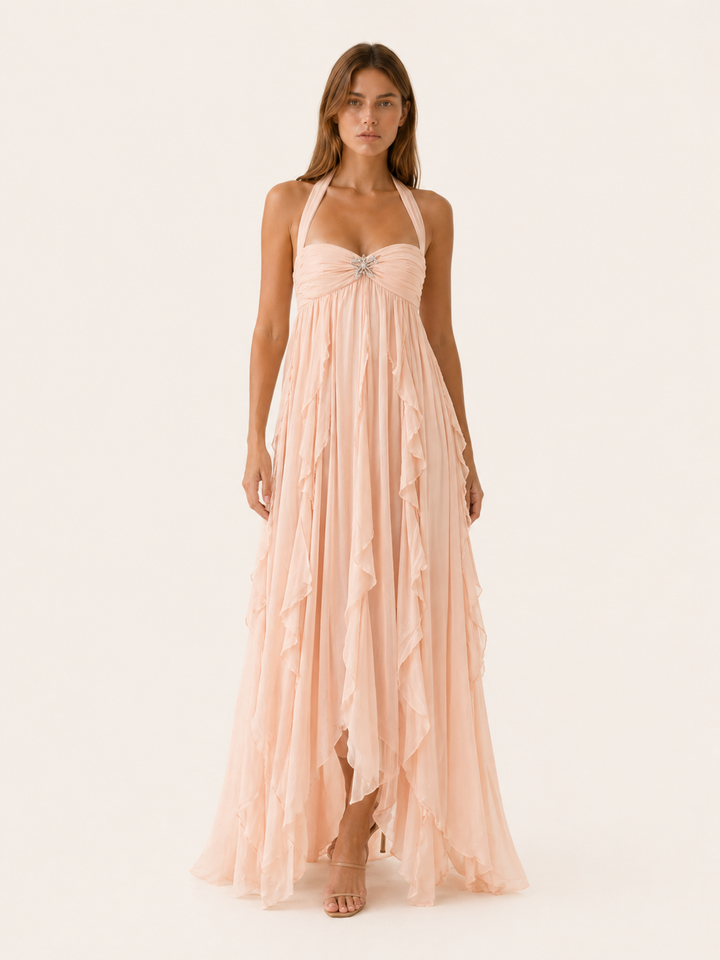 White Chiffon Maxi Dress with Open Back – close-up