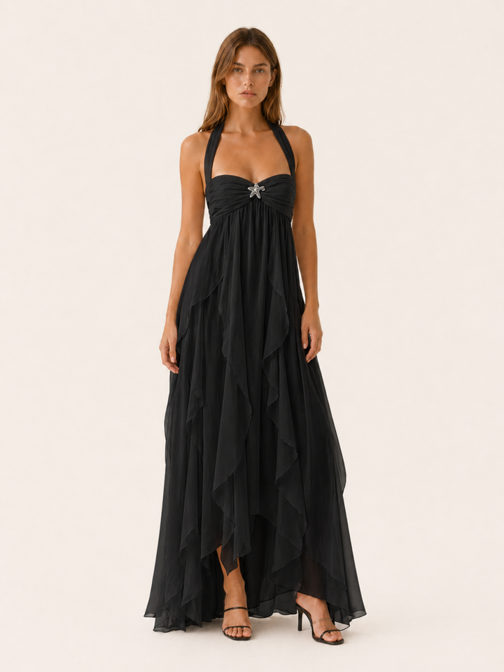 White Chiffon Maxi Dress with Open Back – lifestyle
