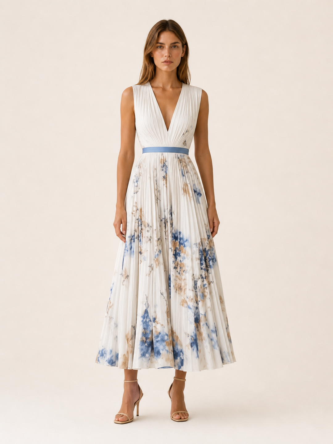 Beige Flowy Maxi Dress Pleated Skirt Sleeveless – front view