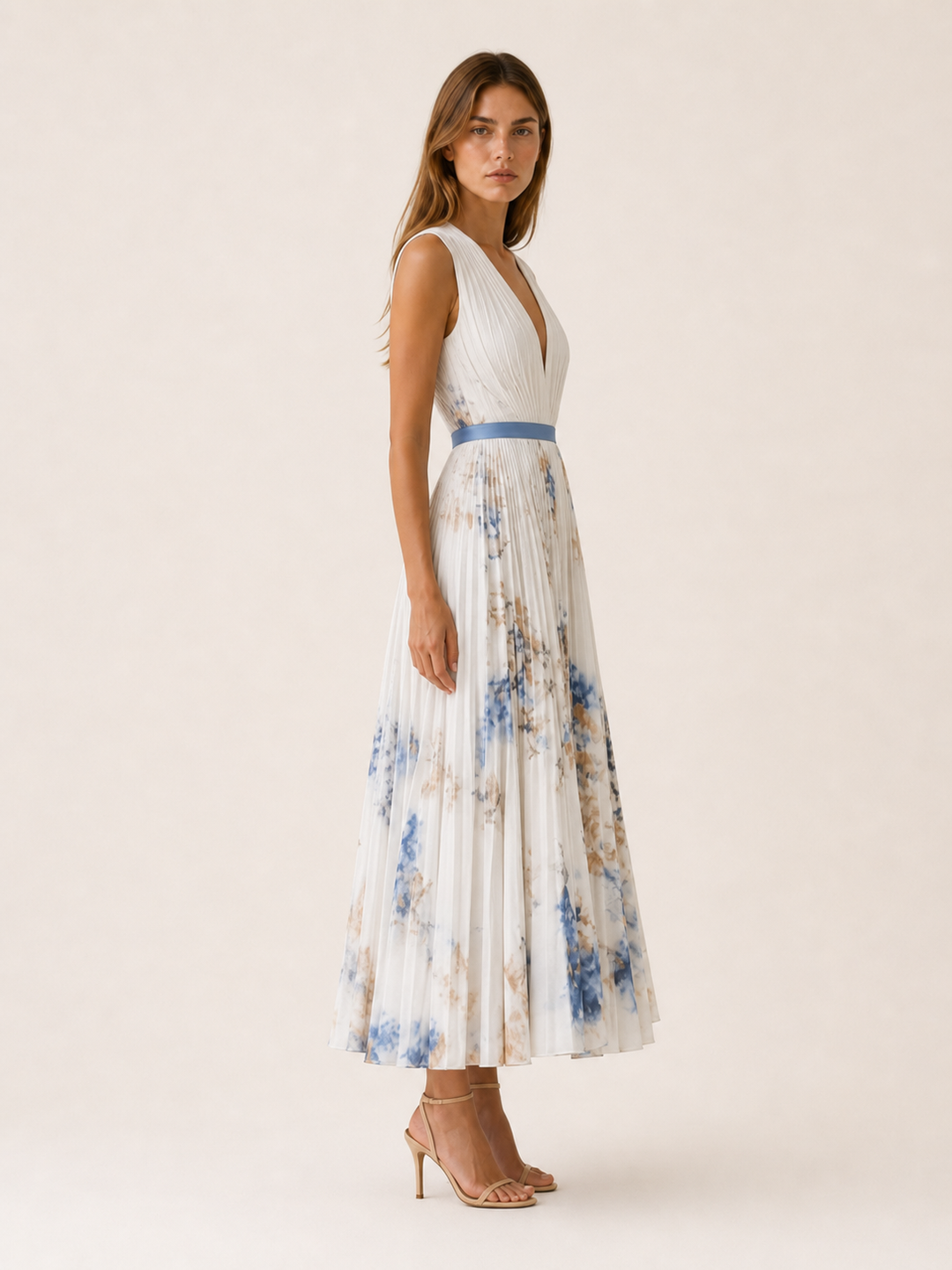 Beige Flowy Maxi Dress Pleated Skirt Sleeveless – side view