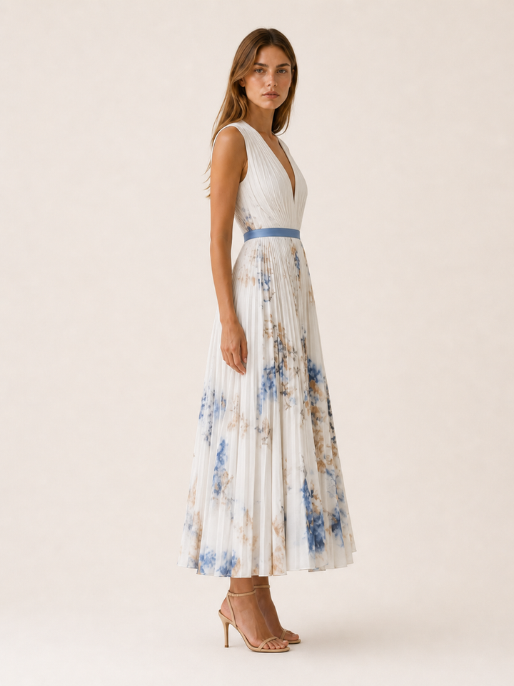 Beige Flowy Maxi Dress Pleated Skirt Sleeveless – side view
