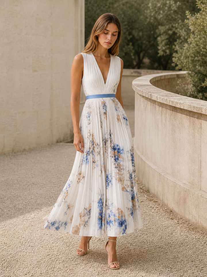 Beige Flowy Maxi Dress Pleated Skirt Sleeveless – back view