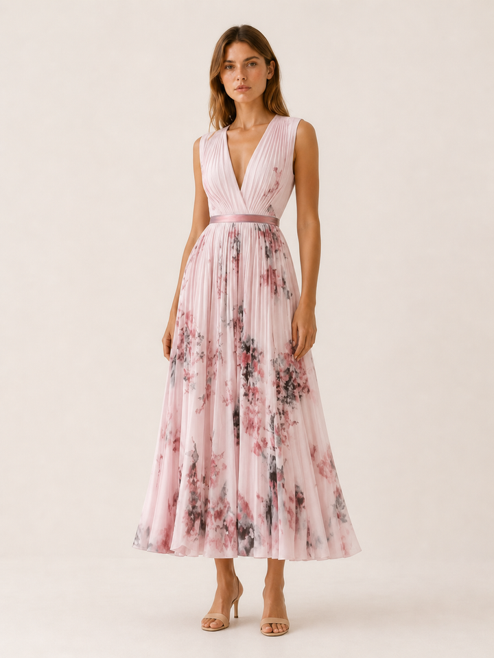 Beige Flowy Maxi Dress Pleated Skirt Sleeveless – detail view
