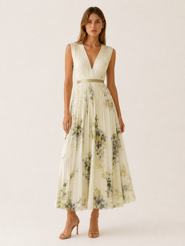 Beige Flowy Maxi Dress Pleated Skirt Sleeveless – close-up
