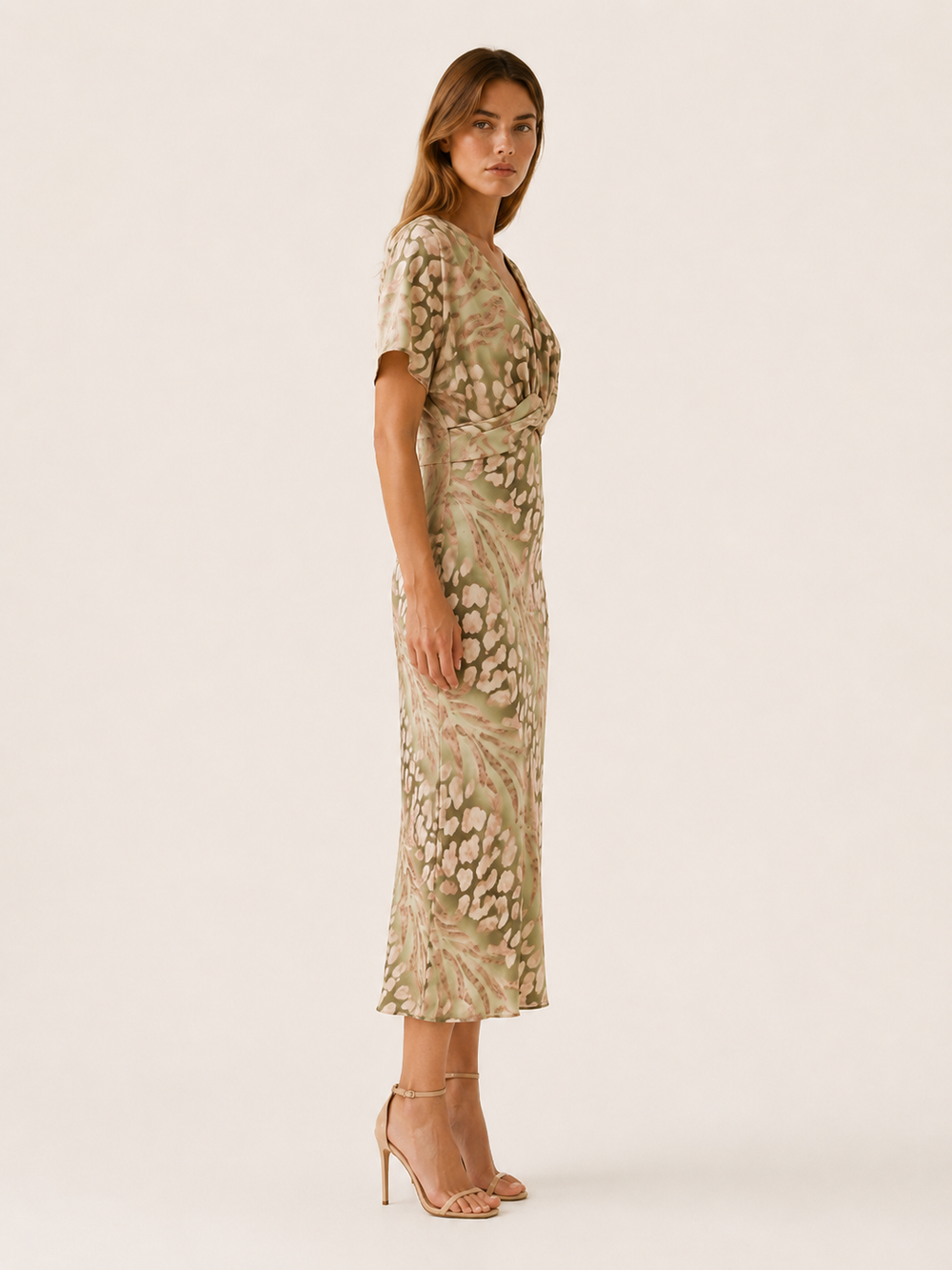 Green Floral Midi Dress with V Neck and Pleated Skirt – side view