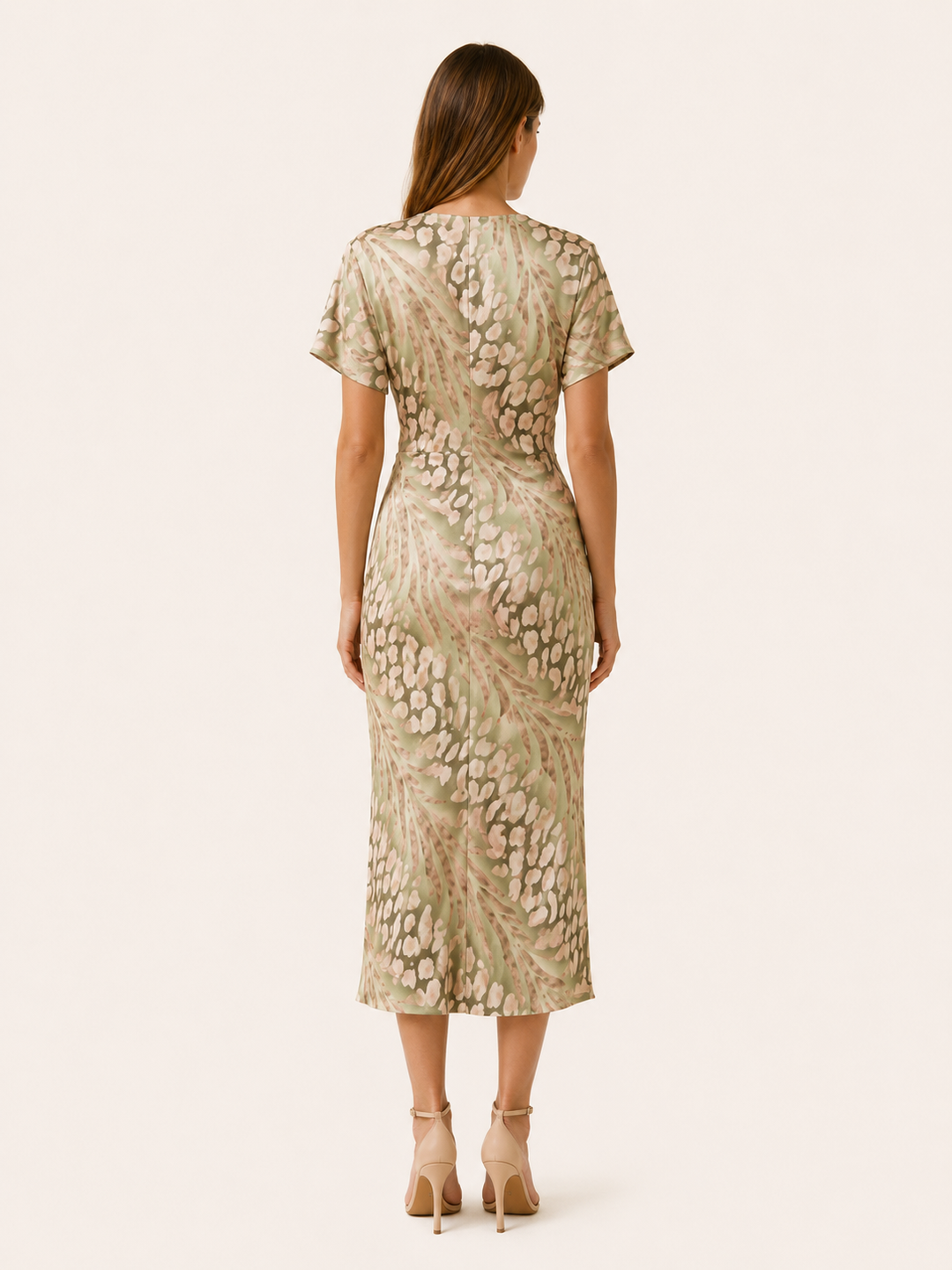 Green Floral Midi Dress with V Neck and Pleated Skirt – back view