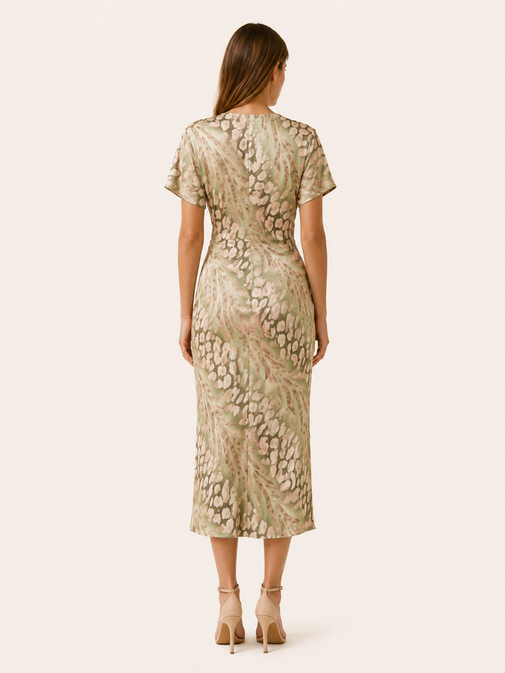 Green Floral Midi Dress with V Neck and Pleated Skirt – back view