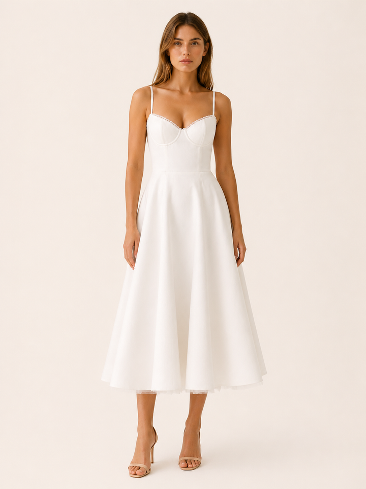 White Satin Corset Midi Dress with Tulle Skirt – front view