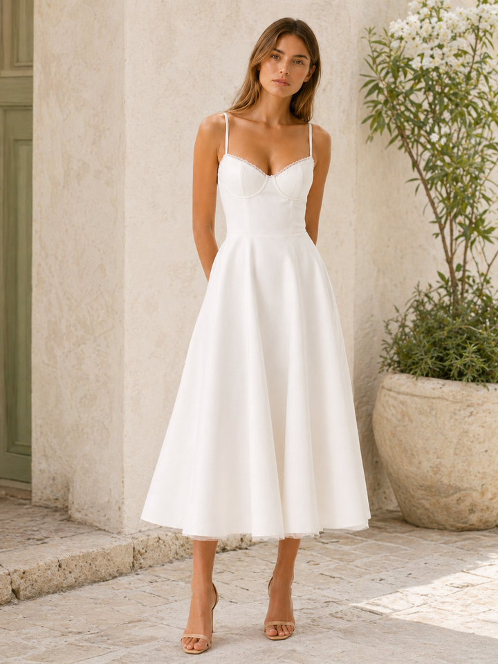 White Satin Corset Midi Dress with Tulle Skirt – back view
