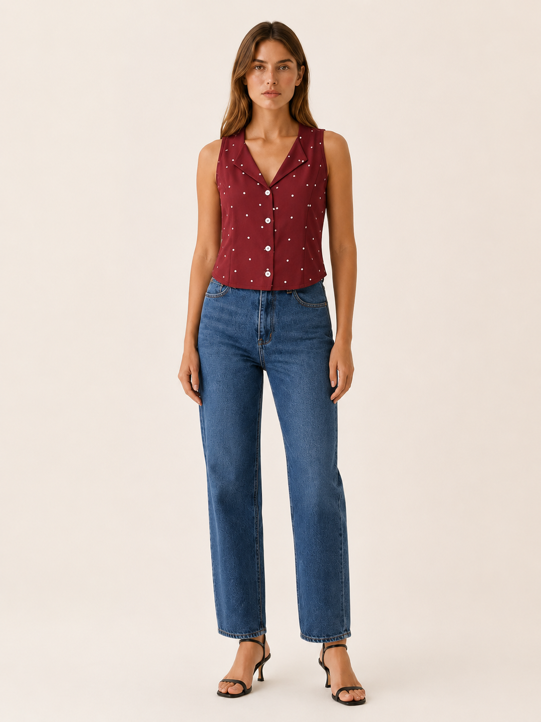 Red Polka Dot Vest with V Neck and Tie Back – front view