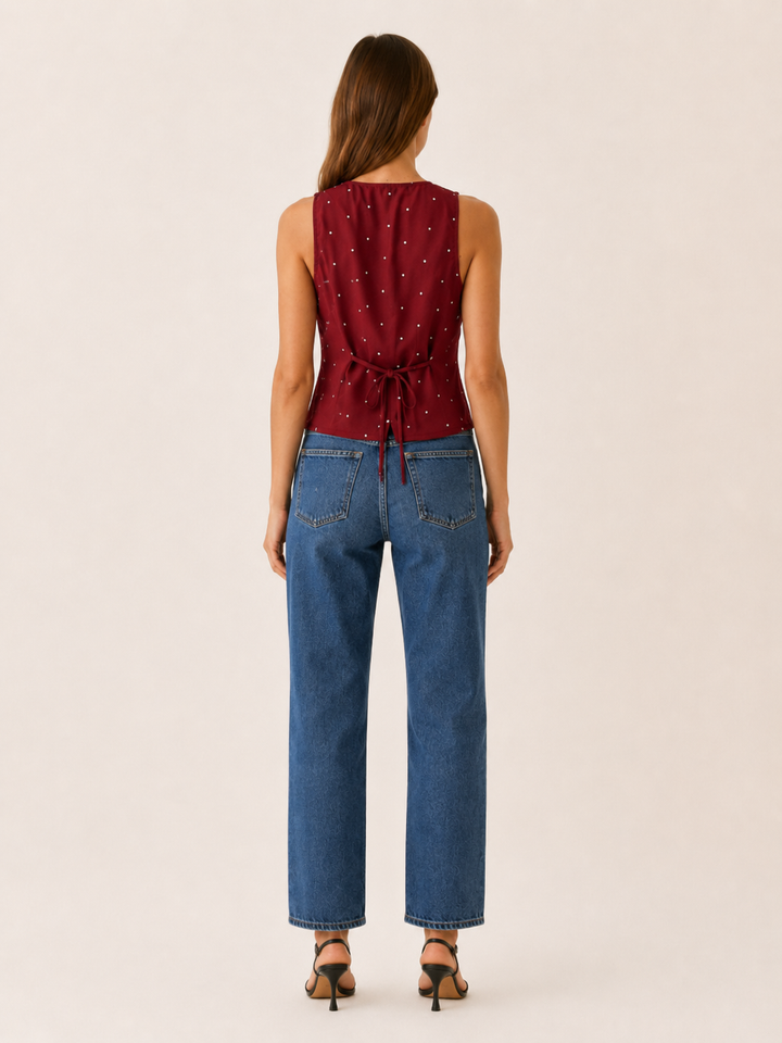 Red Polka Dot Vest with V Neck and Tie Back – side view