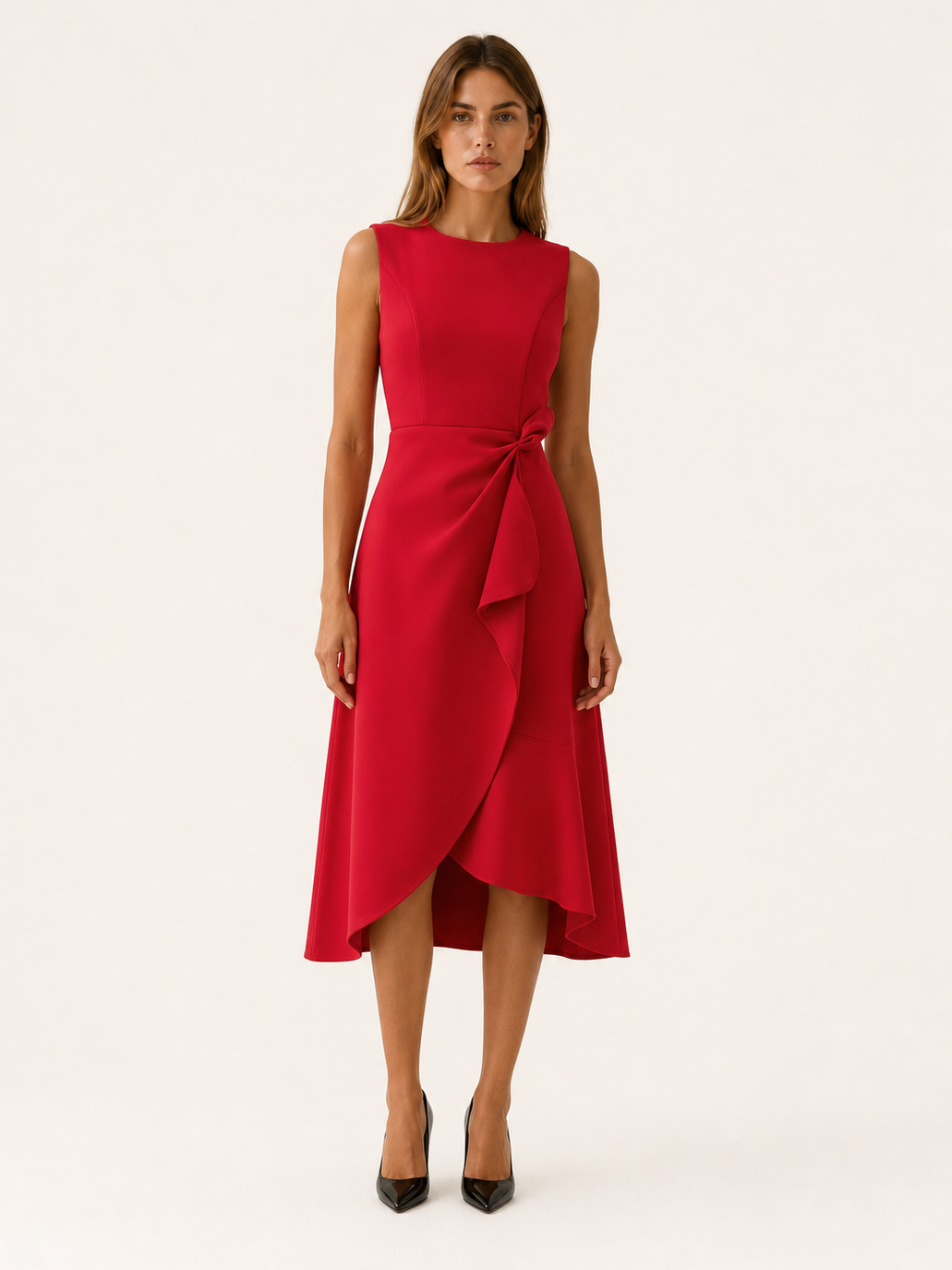 Red Midi Dress with Asymmetric Draped Detail – front view