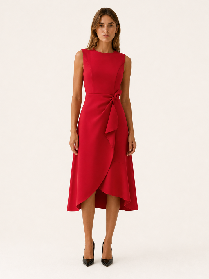 Red Midi Dress with Asymmetric Draped Detail – front view
