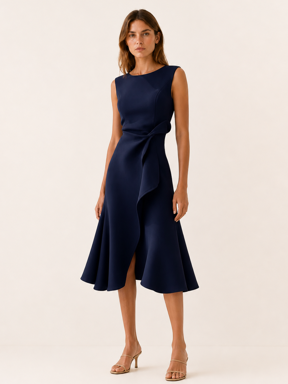 Navy Blue Midi Dress with Asymmetric Draped Detail – detail view