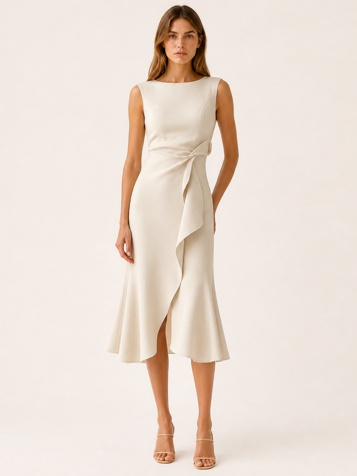 Red Midi Dress with Asymmetric Draped Detail – full length view