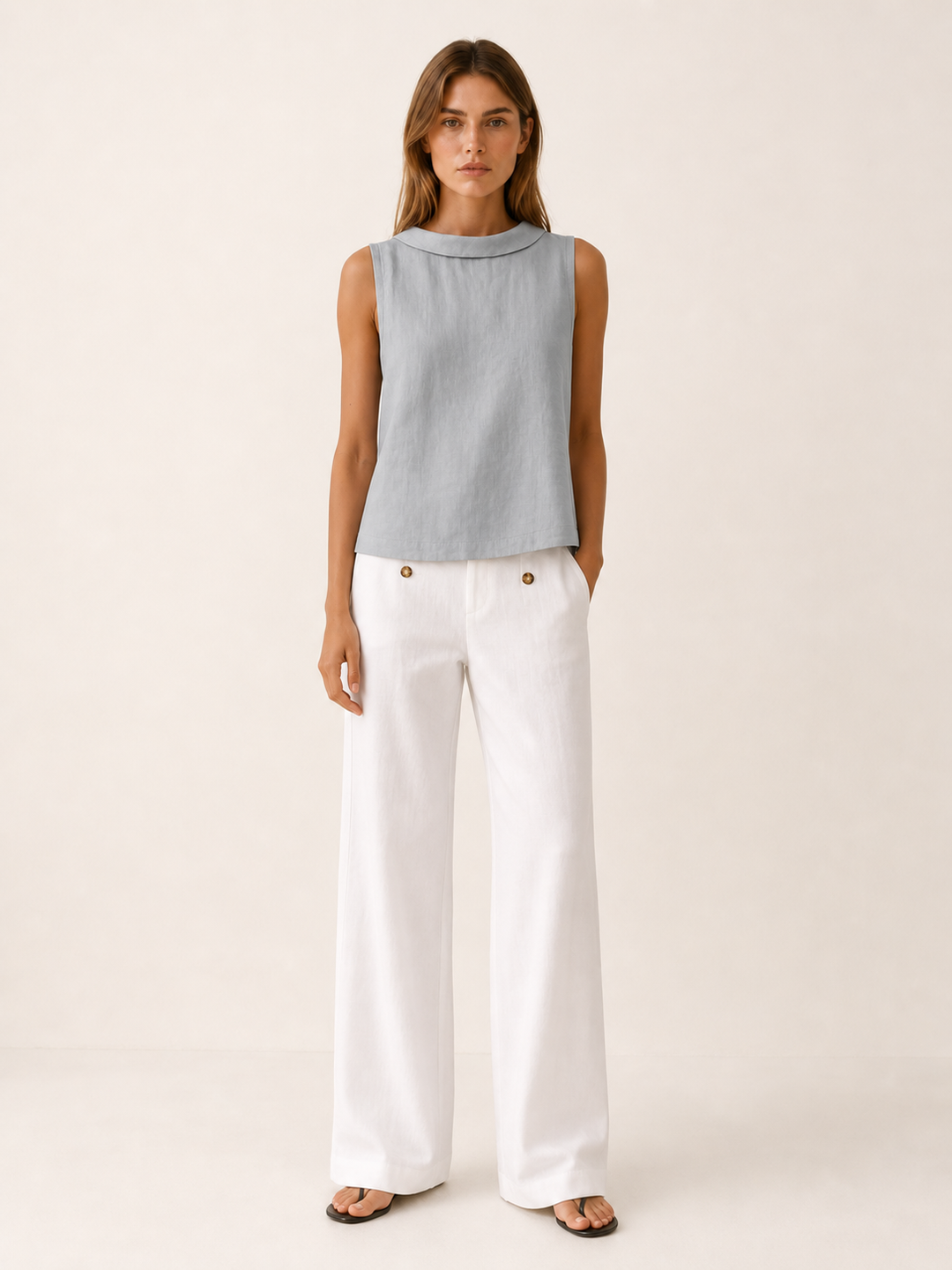 Grey Sleeveless Top with Roll Collar Linen Blend – front view