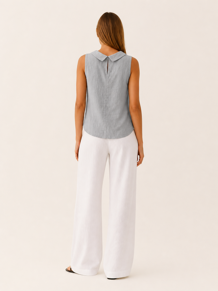 Beige Sleeveless Top with Roll Collar Linen Blend – side view